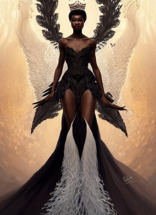prompthunt: full body portrait of beautiful black woman as the swan queen,  glowing crown, beautiful flowy feathered gown, intricate white lilies,  beautiful baroque lace detail, highly detailed, digital painting,  artstation, concept art