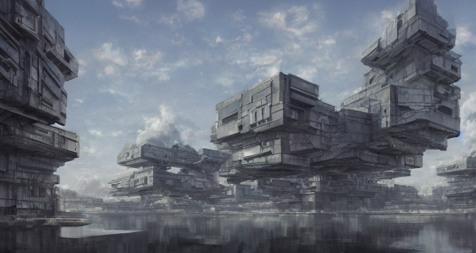 hyper realistic concept art of sci - fi complex brutalist floating buildings in a sky, brutalist architecture, detailed art by ghibli and alejandro burdisio, trending on artstation