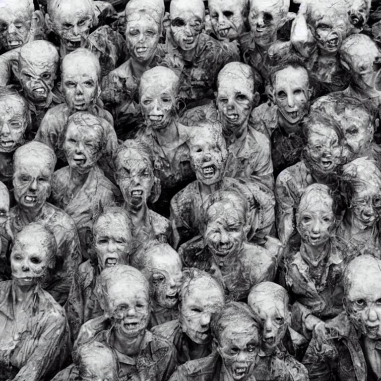prompthunt: group of deformed irradiated people with acute radiation  sickness flaking, melting, rotting skin wearing 1950s clothing in a 1950s  nuclear wasteland. Group is living in a nuclear reactor. Photo is black