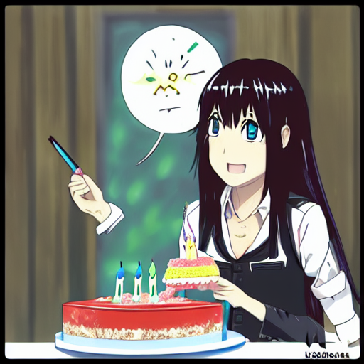 prompthunt: Tomoko Kuroki eating a birthday cake, anime fan art