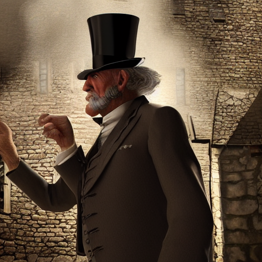 prompthunt: an old man that has a face wearing a suit and top hat in a  medieval village, D&D, high detail, trending on artstation, 4k  photorealistic, volumetric lighting, HD