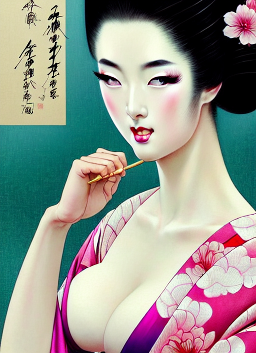 prompthunt: glamorous and sexy Geisha, beautiful pale makeup, pearlescent  skin, seductive eyes and face, elegant japanese woman, lacivious pose, very  detailed face, seductive, elegant push up bras, pale and coloured kimono,  ancient