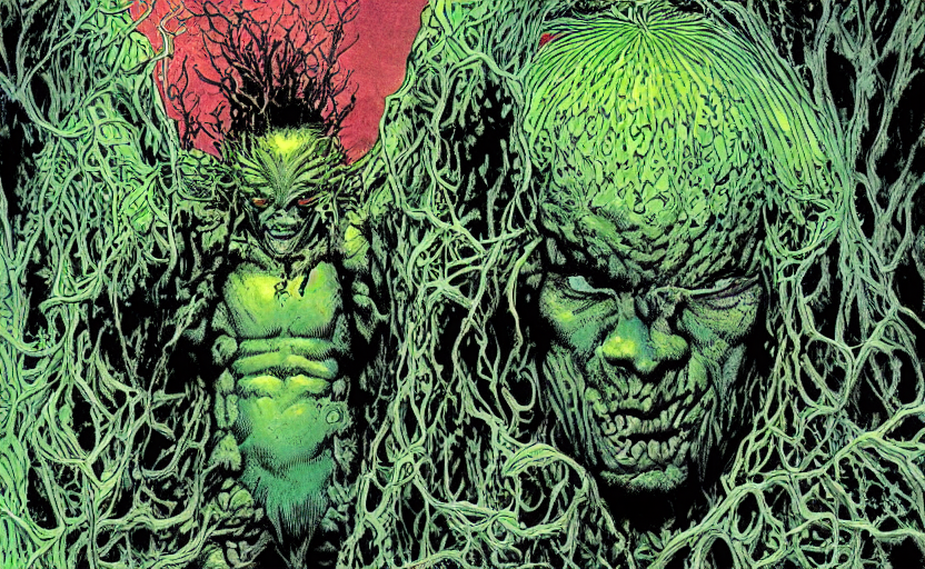 a gorgeous hyper detailed semi symmetrical splash page DC comics color illustration of Swamp Thing going into the green having a transcendent psychedelic experience communicating with the elemental gods by John Totleben