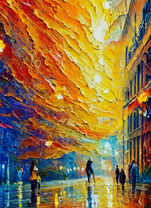prompthunt: an extremely impasto painting of thick brushstrokes in warm  impressionist complimentary colors painting a reflective raytracing puddle  street scene of golden palette knife streaks of golden melting sun  shimmering with vibrant