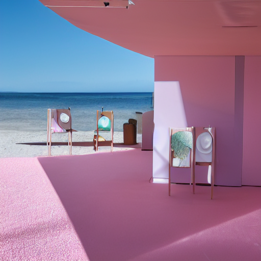 An ultra high definition, professional photograph of an outdoor partial IKEA showroom inspired sculpture with white dot matrix light sign located on a pastel pink beach ((with pastel pink, dimpled sand where every item is pastel pink. )) The sun can be seen rising through a window in the showroom. The showroom unit is outdoors and the floor is made of dimpled sand. The showroom unit takes up 20% of the frame. A square dot matrix sign displays an emoji somewhere in the scene. Morning time indirect lighting with on location production lighting on the showroom. In the style of wallpaper magazine, Wes Anderson.