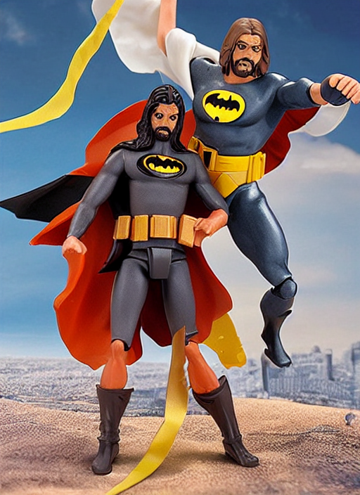 prompthunt: Jesus vs the Batman in the flying sandals of salvation action  figures toy pack