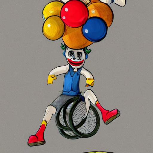 prompthunt: funny clown riding a unicycle while juggling bowling pins,  concept art, illustrated, highly detailed, high quality, bright colors,  optimistic,