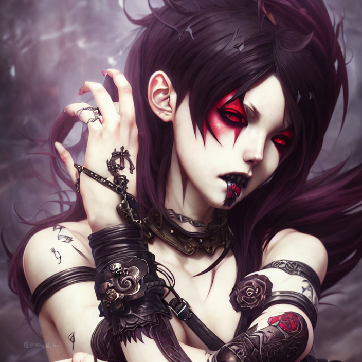 Gothic vampire lady with long black hair& red eyes& cobalt blue