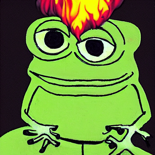 pepe the frog with black eyes kicking a burning tree in a forest, dark colors, shadow rich, high detail