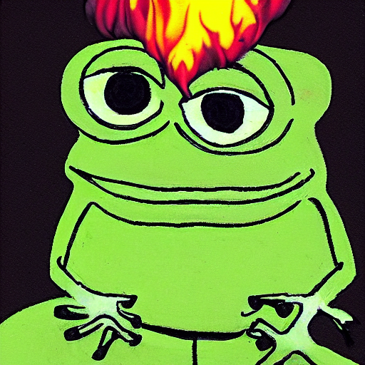 prompthunt pepe the frog with black eyes kicking a burning tree in a
