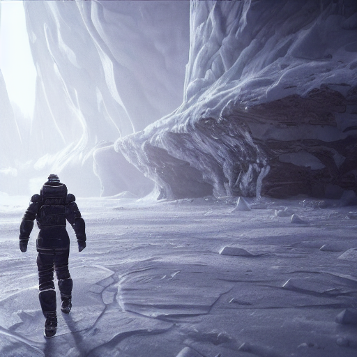 prompthunt: Two space survivors walking in a icebound world in a blizzard,  award winning, trending on artstation, unreal engine