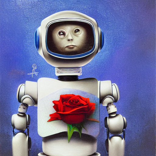 hyperrealistic expressive! robot, small, young, cute, large expressive eyes, biped, holding a rose, concept art masterpiece brad kunkle hannah yata dramatic blue light low angle hd 8 k sharp focus