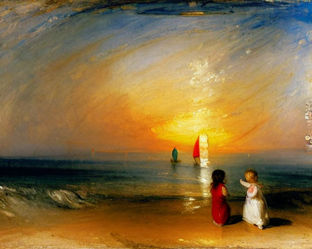 a couple and a girl toddler on a beach in sardinia looking at the sunset, there is a sailing boat on the horizon, the woman has long dark hair, white sand, blue sky, summer, white and blue, painting by j. m. w. turner in 2 0 2 2
