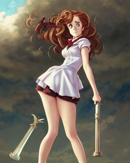 pinup anime art of hermione granger by emma watson in the hogwarts square, hermione by a - 1 pictures, by greg rutkowski, gil elvgren, enoch bolles, glossy skin, pearlescent, anime, very coherent, flat, ecchi anime style