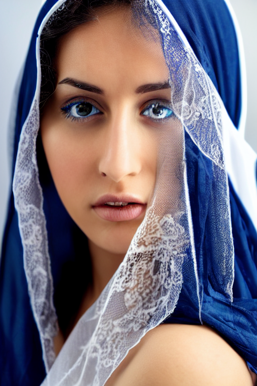 young arab woman, blue eyes, long wavy black hair, white veil, closeup, focus face, colored, middle eastern