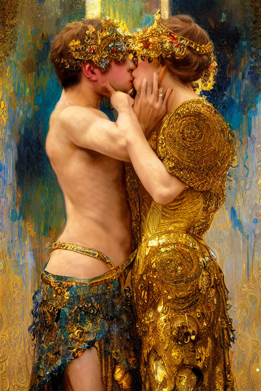 prompthunt: an intricate artistic pose painting of a beautiful young lover  couple kissing with an artistic pose with klimt golden motives and  textures, hyper detailed, ornamental gold headpiece, octane render, vivid  colors,
