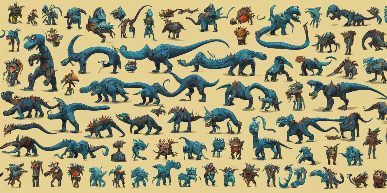prompthunt: game asset sheet, 2 d sprite, art deco styling dino - robo,  monsters