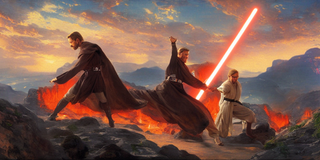 Expulsar a Objetor Justicia prompthunt: Obi Wan Kenobi fighting Anakin Skywalker, lava in the  background, painted by Sargent, painted by Thomas Kinkade, Star Wars, 8k,  high detail