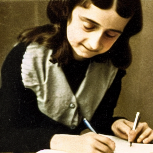 A color photograph of Anne Frank writing in her diary
