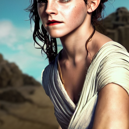 prompthunt: Emma Watson modeling as Rey in Star Wars, (EOS 5DS R, ISO100,  f/8, 84mm, postprocessed, crisp face, photoshopped, facial features)