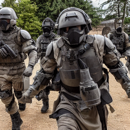 prompthunt British mercenaries wearing grey body armor carrying a