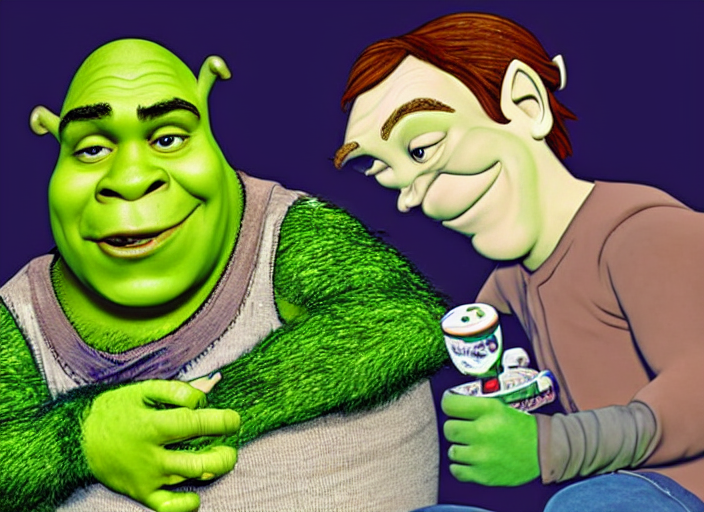 prompthunt Shrek smoking a joint. His eyes are red. Next to him is