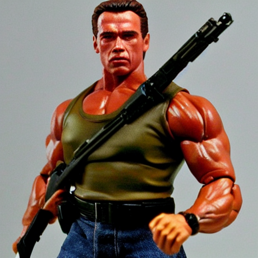 prompthunt: a 12 inch action figure of Arnold Schwarzenegger from Commando.  Big muscles. Holding an automatic rifle in his hands. Plastic shiny.