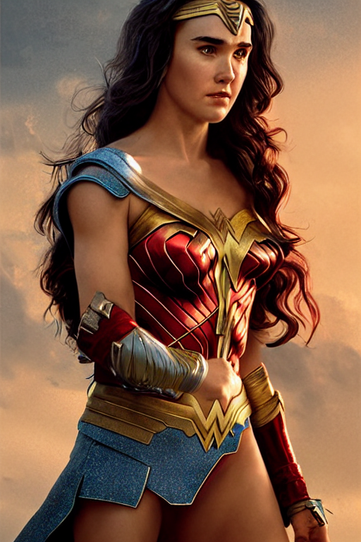 portrait of Young Jennifer Connelly as Wonderwoman , face portrait, raphael lacoste, eddie mendoza, alex ross, concept art, matte painting, highly detailed, rule of thirds, dynamic lighting, cinematic, detailed, denoised, centred