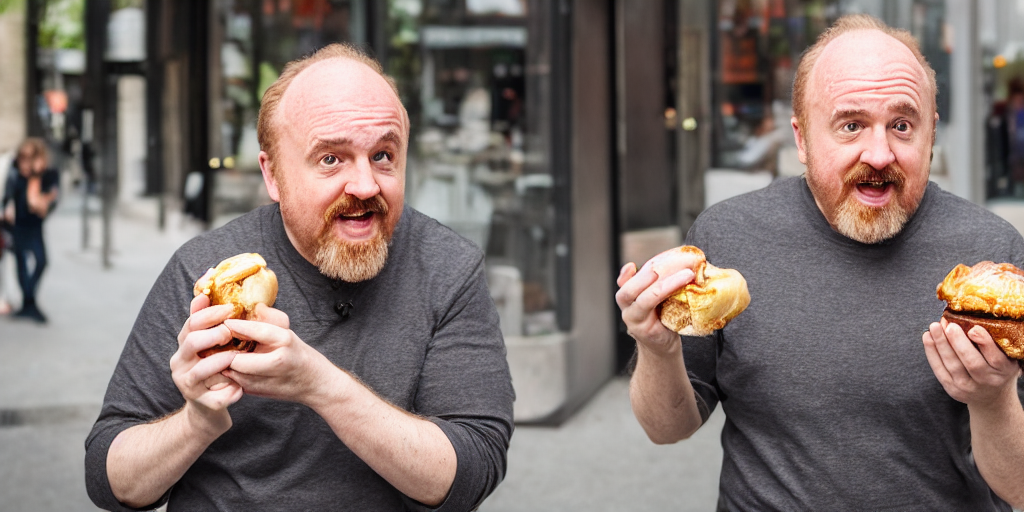 prompthunt: louis c k eating a cinnabon, xf iq 4, f / 1. 4, iso 2 0 0, 1 /  1 6 0 s, 8 k, raw, unedited, symmetrical balance, in - frame, sharpened