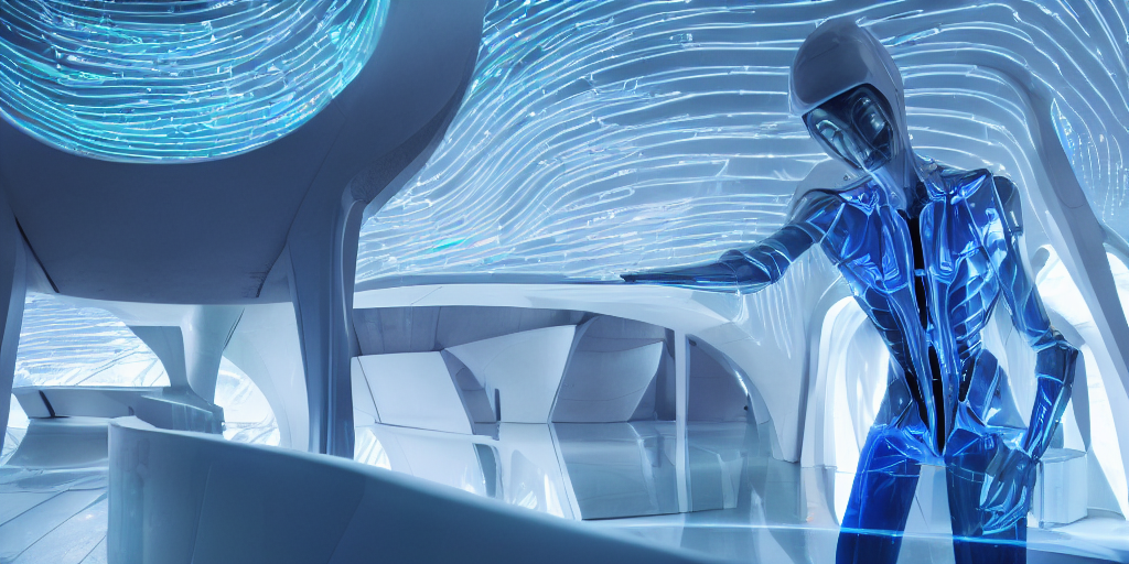 tall skinny translucent skinned alien with sharp slimy teeth on the bridge of a sleek futuristic bright spaceship made of glass and glowing blue holograms. Sci-fi production photograph.