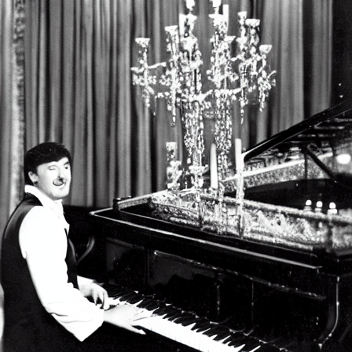 prompthunt: an image liberace playing piano with a candelabra on top of the  piano.