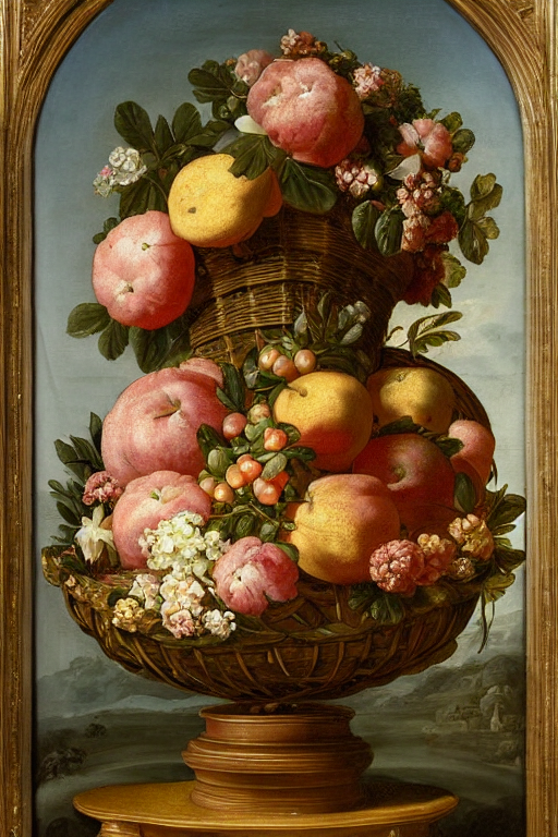 prompthunt: a beautiful detailed baroque painting of fruit and flowers in a  basket on a fancy tall pedestal, with a window with curtains in the  background by Bartolomé Esteban Murillo