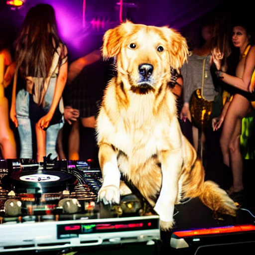 prompthunt: a photograph of a DJ golden retriever dog, playing at