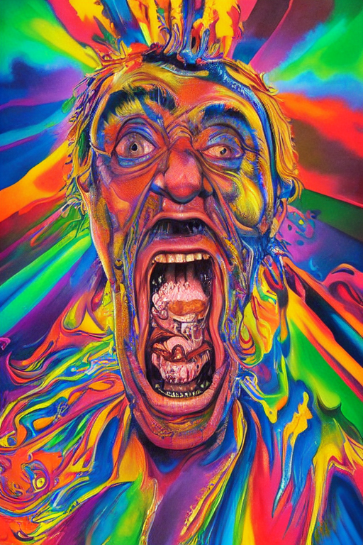 prompthunt: hyper realistic painting, the head of braco the gazer floating  in hyperspace laughing maniacally, by lisa frank, simon bisley, chuck close  and richard corben, very intense, hyperdetailed, rich deep vivid colours,