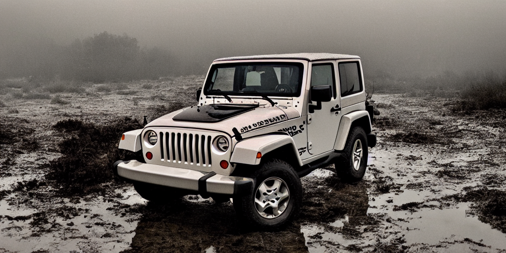 prompthunt: noisy old color photograph of a 1997 hardtop white Jeep Wrangler  drowning in quicksand, iridescent fog swallows the dirty swamp, gritty,  Venom liquid grabs at the Jeep, cinematic, soft vintage glow