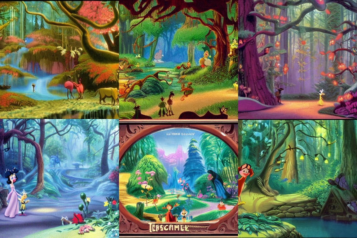 Movie frame from the coloured Disney animated motion picture released in 1937, beautiful enchanted forest full of critters, directed by Walt Disney, highly detailed background paintings by Thomas Kinkade