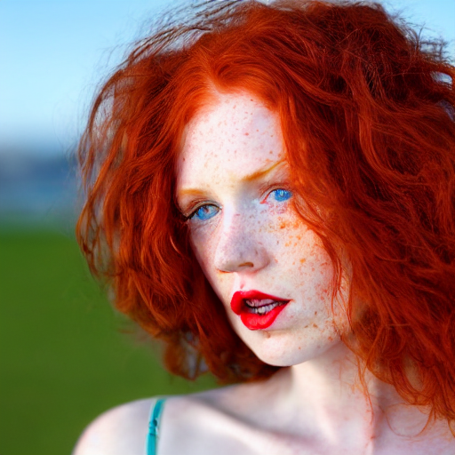 Close up photo of the left side of the head of a redhead woman with gorgeous blue eyes and wavy long red hair, red detailed lips and freckles who looks directly at the camera. Slightly open mouth. Whole head visible and covers half of the frame, with a park visible in the background. 135mm nikon.