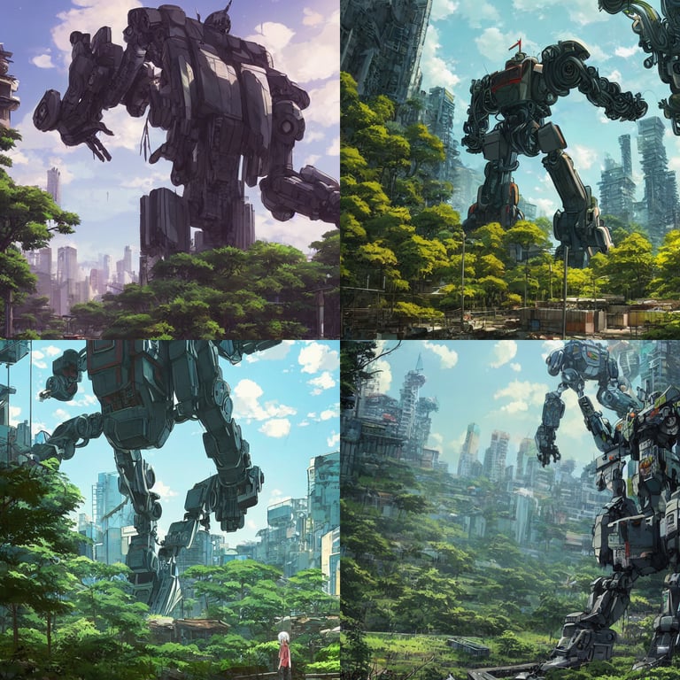 prompthunt: A giant robot in city ruins, overtaken by vegetation, in anime  style, highly detailed, by Makoto Shinkai and Raphael Lacoste