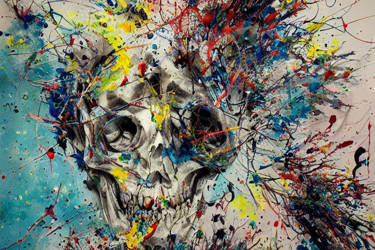 a splattered action painting by jackson pollock showing a skull, ultradetailed, fine art painting, peter mohrbacher, moebius, face carving, frottage, watercolor, acrylic, multilayered paint, spectacular splatter explosion, psychedelic art