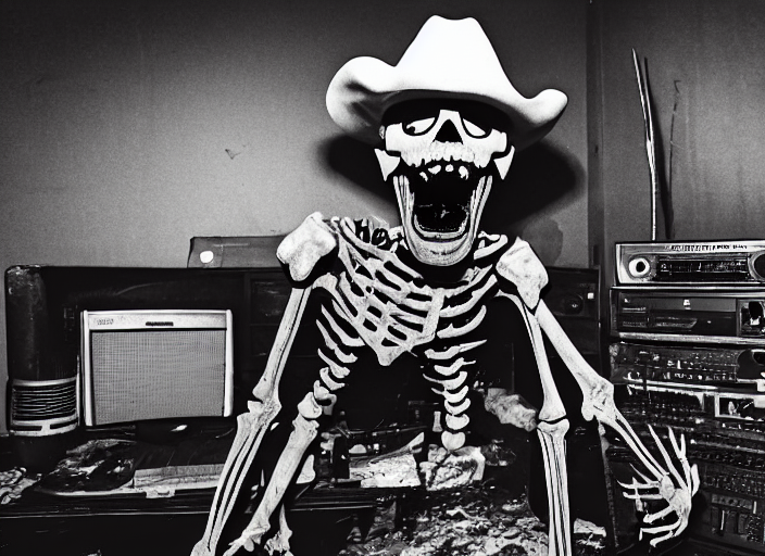 prompthunt: a photo of an enraged skeleton in a cowboy costume angrily  shouting into a microphone in a dirty old rundown radio station studio  filled with radio equipment and piles of empty
