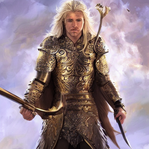 prompthunt: Full body shot of beautiful male cleric with long flowing  blonde hair wearing burnished bronze armour emblazoned with a swan on the  breastplate. Wielding a magical scimitar embossed with the phases