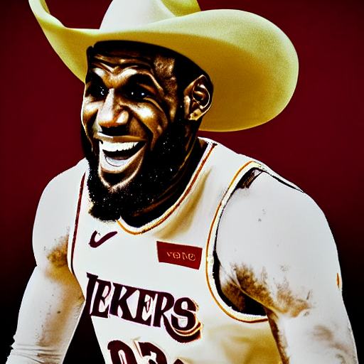 prompthunt portrait of lebron james, cheesy grin, ten gallon cowboy hat