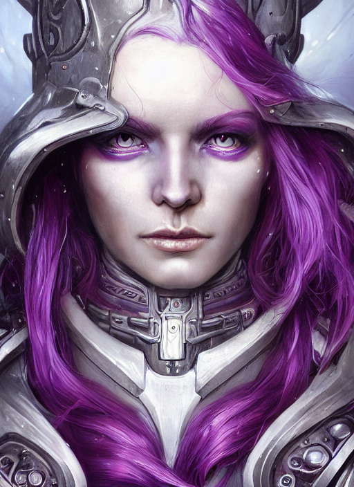 a hyper detailed face portrait, extreme close up of a pale woman with purple hair in sci - fi cybernetic armor, sylvanas windrunner, sideshow figurines, by tom bagshaw, artgerm, dorian cleavenger, greg rutkowski, wlop, astri lohne, zdzisław beksinski trending on artstation