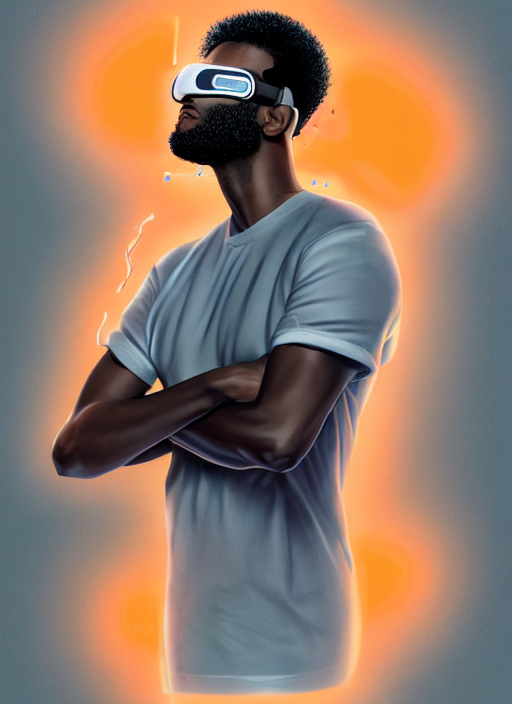 prompthunt handsome black genius hacking the metaverse in a vr headset, white t shirt and