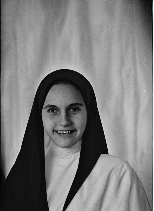 high school year book photo of valak the nun as an awkward teenager, film shot, portrait photography, soft lighting, soft focus, ironic, 1 9 8 0's, 2 4 mm iso 8 0 0