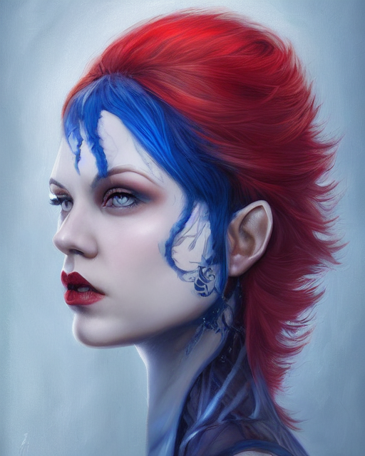 prompthunt: A detailed matte oil on canvas head on symmetrical portrait of  a beautiful distinguished elven woman with split red and blue hair on an  empty background, by Charlie bowater, Wlop, trending