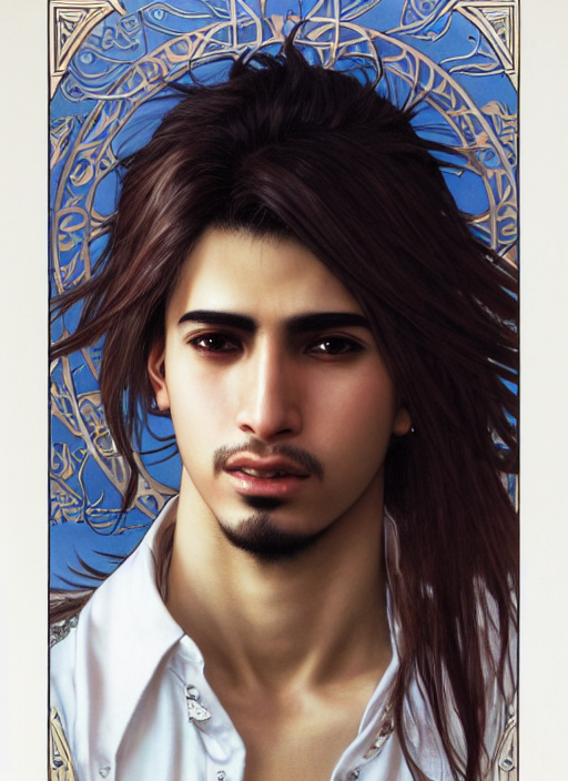 realistic detailed final fantasy inspired portrait of a young arabic man turned three - quarters, very long hair, dressed with a simple white t - shirt, white background white bank studio light, art by yoshitaka amano, alphonse mucha, ayami kojima, greg hildebrandt, and mark brooks, high qualit 8 k