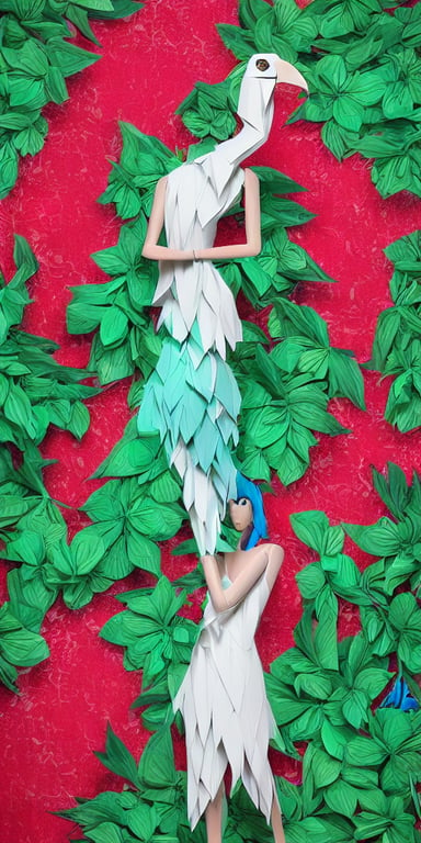 prompthunt: anthropomorphic macaw woman wearing a flowing samba inpsired  white and mint colored paper dress, background amazon jungle made of paper,  paper Bougainvillea, many origami Bougainvillea, eery light, 3D, very  detailed, octane
