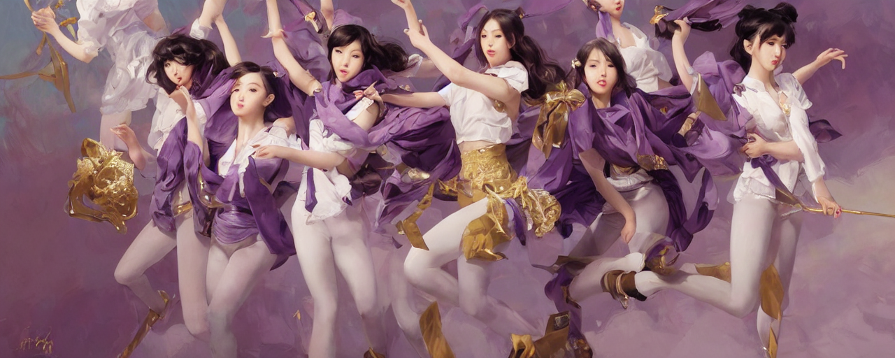 prompthunt: Full View of Eunha and other girls from Viviz and gFriend  wearing a purple military uniform and short puffy pants, white leggings,  Golden Ribbon, and a billowy scarf. Rhythmic gymnastics poses.