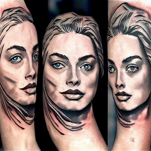 prompthunt: mash up realism tattoo design of margot robbie and beautiful  mountains, in the style of arlo dicristina, amazing detail, face morph